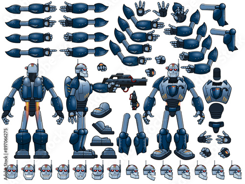 Vector robot character with lip sync and eye blink, all sides rigged | robot warrior