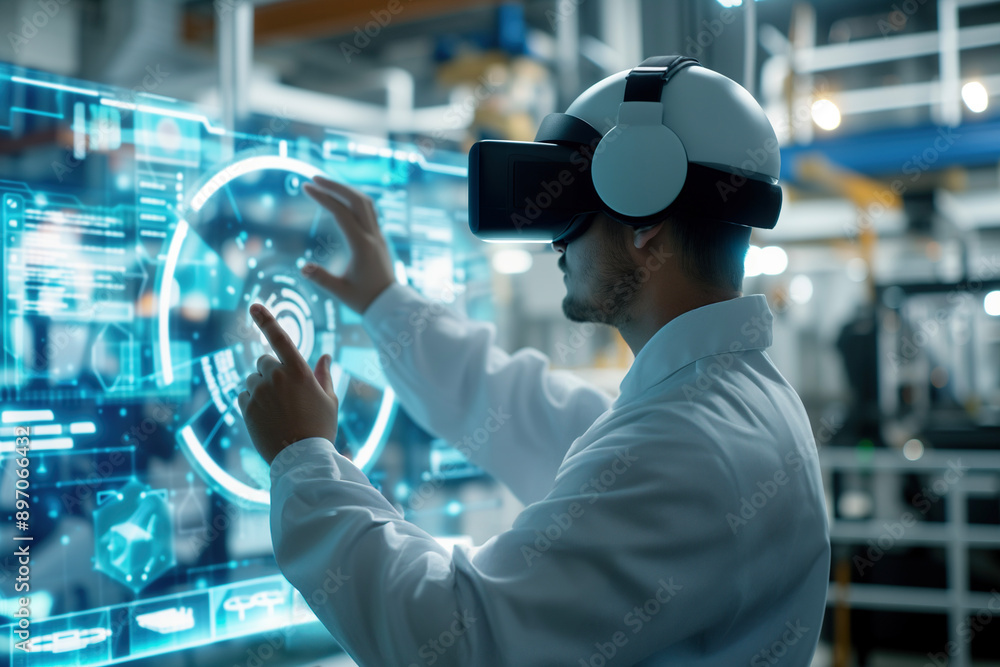 An engineer wearing a VR headset and helmet interacts with a sophisticated virtual interface in an industrial environment, showcasing advanced virtual reality technology. An engineer wearing a VR headset and helmet interacts with a sophisticated virtual interface in an industrial environment, showcasing advanced virtual reality technology.