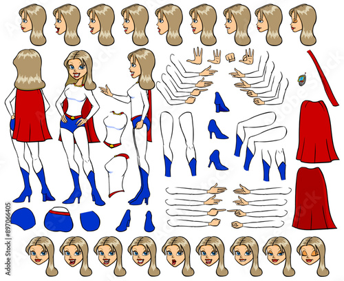 Vector superhero woman character with lip sync and eye blink, all sides rigged | superwoman