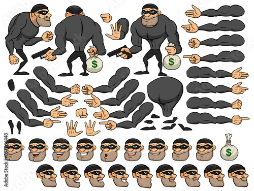 Vector thief man character with lip sync and eye blink, all sides rigged | thug