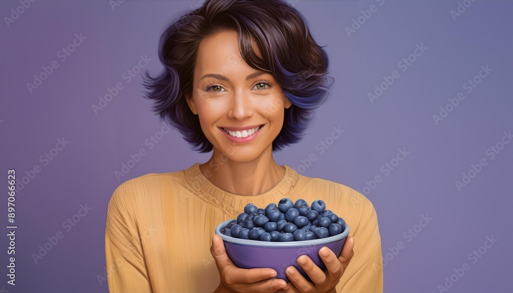 Brunette woman with a bowl of blueberries on violet background Brunette woman with a bowl of blueberries on violet background