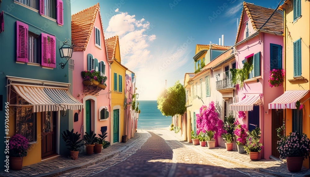 Obraz premium The charming and charming narrow streets of the seaside town at noon