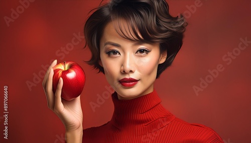 Brunette model wearing a red dress with a red apple on her hand on red background 