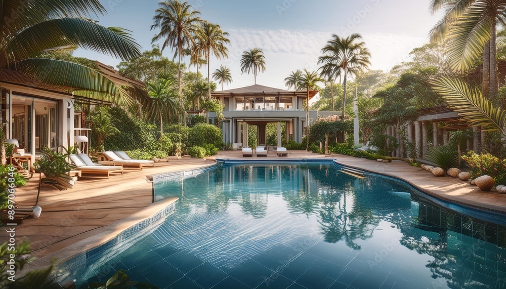 Fototapeta premium The elegant and tranquil atmosphere of a luxury resort with a swimming pool and lush greenery.