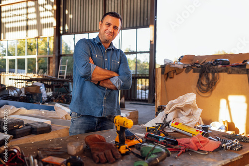 Wallpaper Mural A young smiling man in casual clothes stands at a table with construction tools. An attractive builder at a warehouse workplace. Torontodigital.ca