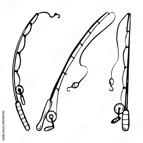 Set of fishing rods hand drawn in doodle style. Spinning rod, reel, fishing line, hook, bait. Vector line art illustration.