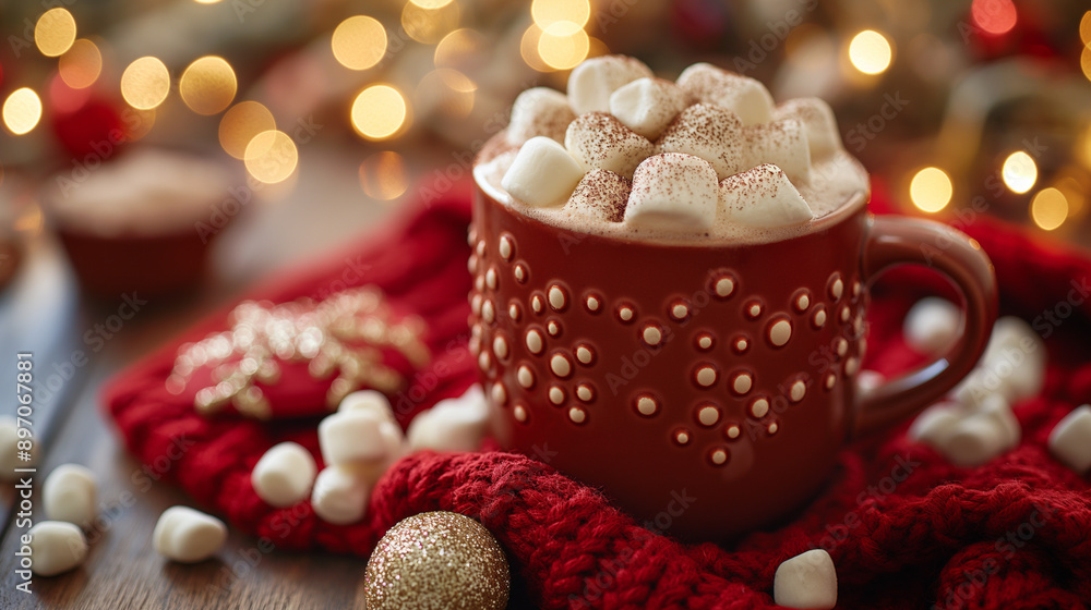 Mug of hot cocoa with marshmallows on the background of Christmas lights Mug of hot cocoa with marshmallows on the background of Christmas lights