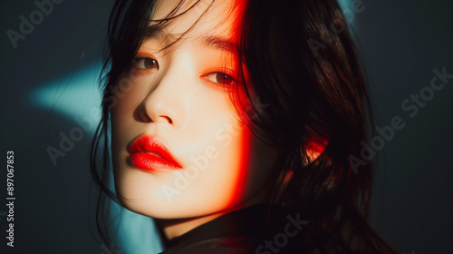 Beautiful Korean woman, studio portrait with light and shadows on her face