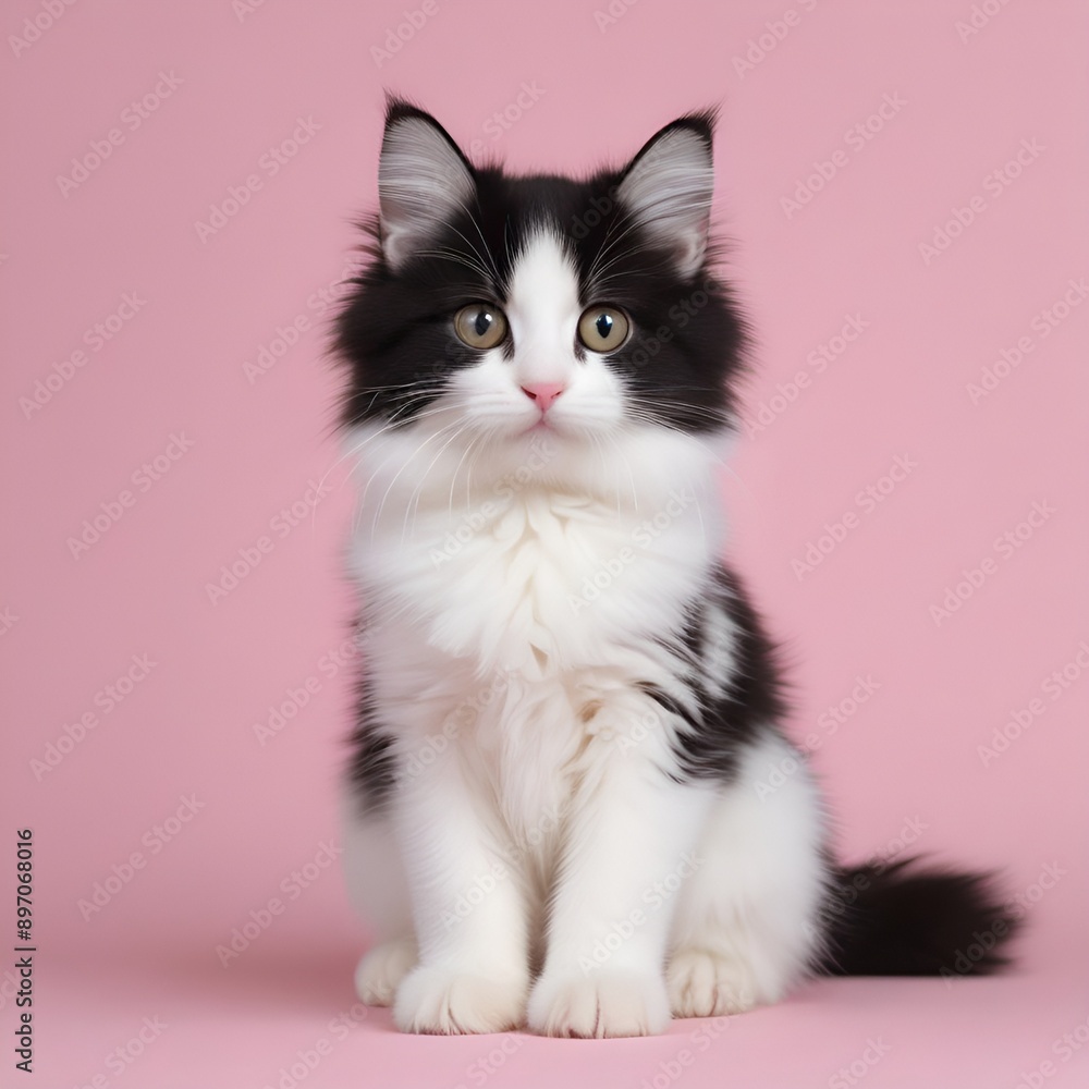 Cute black and white kitten on pink background Cute black and white kitten on pink background
