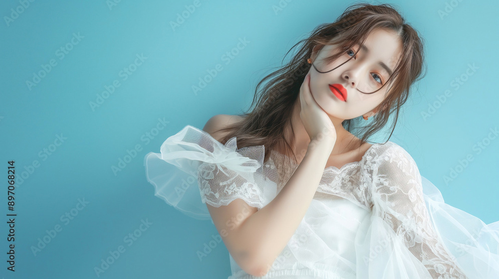 Cute young korean girl in white dress on plain background