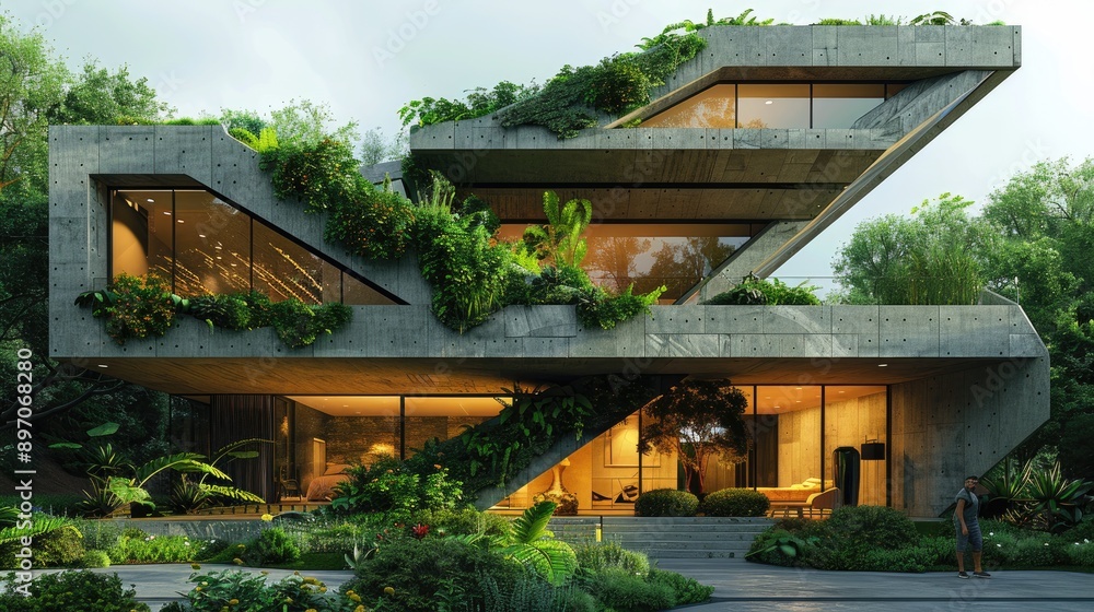 modernist house with an abstract shape, incorporating greenery on the roof and walls modernist house with an abstract shape, incorporating greenery on the roof and walls