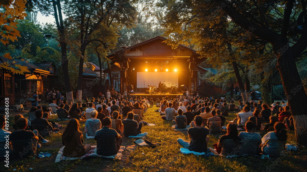 Exciting outdoor event with a lively concert under the summer night sky. Exciting outdoor event with a lively concert under the summer night sky.