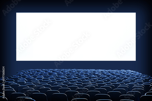 Fotografía Blank movie theater with empty white cinema screen media display in theater for your design