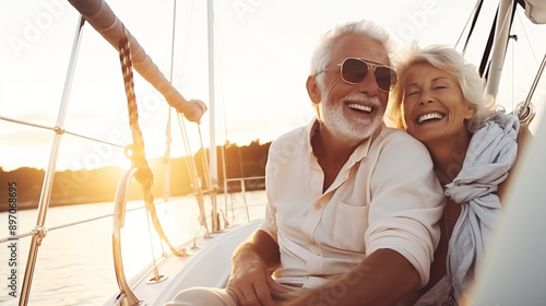 smiling happy senior couple on a sailboat or yacht enjoying the sea at sunset