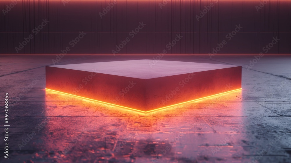 Fototapeta premium Empty concrete podium glowing with orange neon light illuminating dark industrial interior