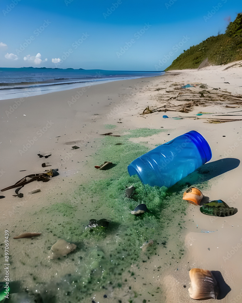 Concetto di inquinamento del mare e degli oceani, rifiuti non biodegradabili sulle spiagge e litorali