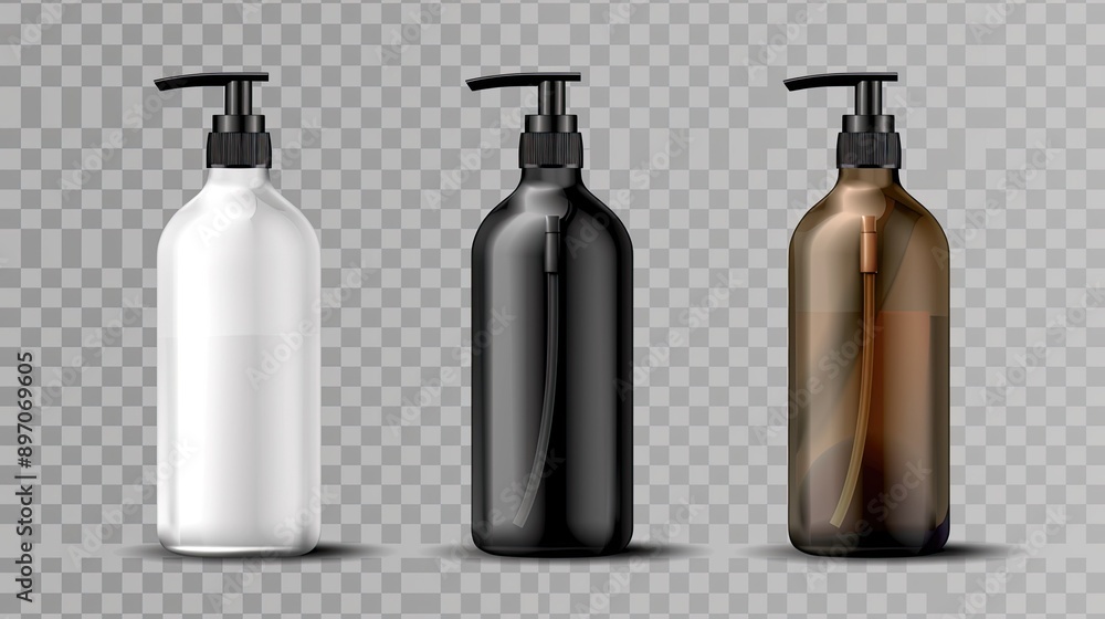Collection of 3D pump bottles in realistic design, featuring white, black, and brown variants on a transparent background, perfect for health and beauty product presentations. Collection of 3D pump bottles in realistic design, featuring white, black, and brown variants on a transparent background, perfect for health and beauty product presentations.