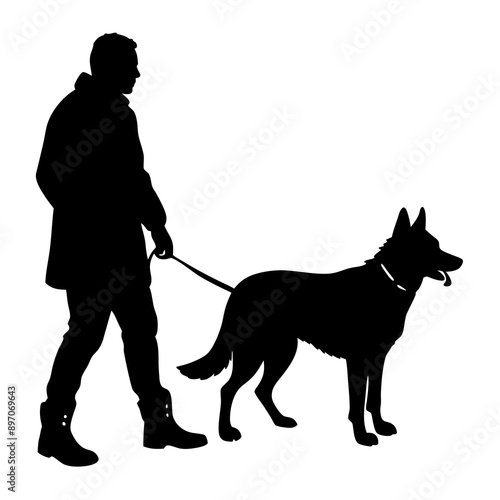 Walking beside shepherd dog, smooth line black and white silhouette vector, white background.