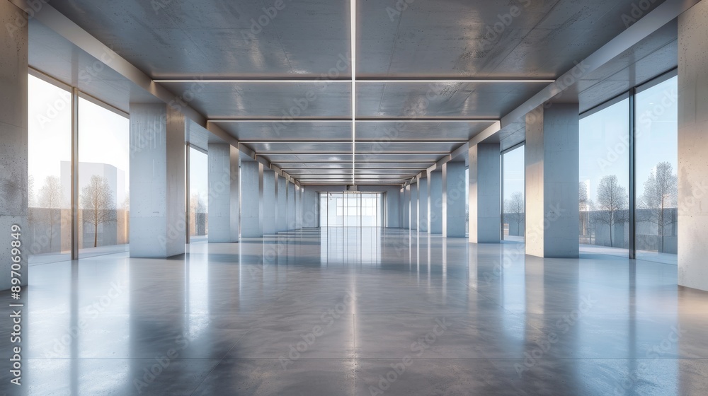 Empty Modern Concrete Hallway With Large Windows and a View of Trees Empty Modern Concrete Hallway With Large Windows and a View of Trees