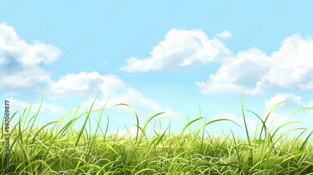Fototapeta premium Abstract background with Beautiful grass meadow landscape with a blue sky and white clouds. Summer theme