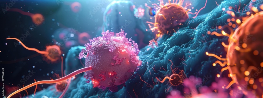 Aggressive cancer cell mutating and multiplying, attacking healthy cells.