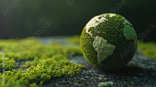 Small green globe symbolizing environmentally friendly and sustainable business strategies, focusing on reducing greenhouse gas emissions and global net-zero carbon targets.