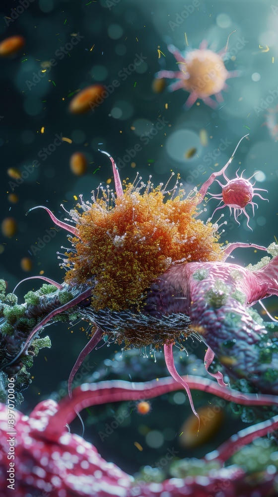 Microscopic view of cancer cells multiplying and attacking healthy cells. Microscopic view of cancer cells multiplying and attacking healthy cells.