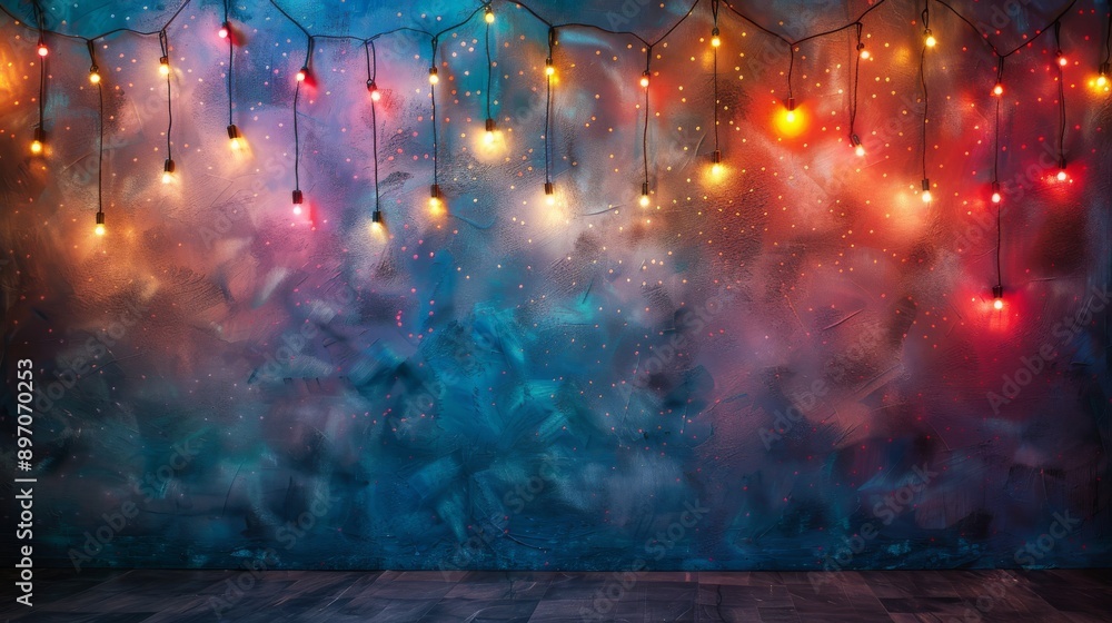 Fototapeta premium Festive String Lights Against a Blue and Red Textured Wall with a Wooden Floor