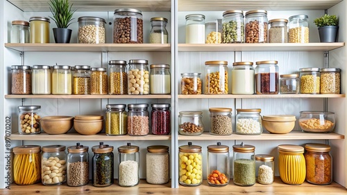 Well-Organized pantry shelves with food containers and glass jars, pantry, shelves, organization, kitchen, storage