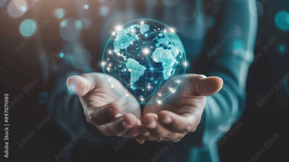 Businessman's hands holding virtual internet connection around the world Businessman's hands holding virtual internet connection around the world