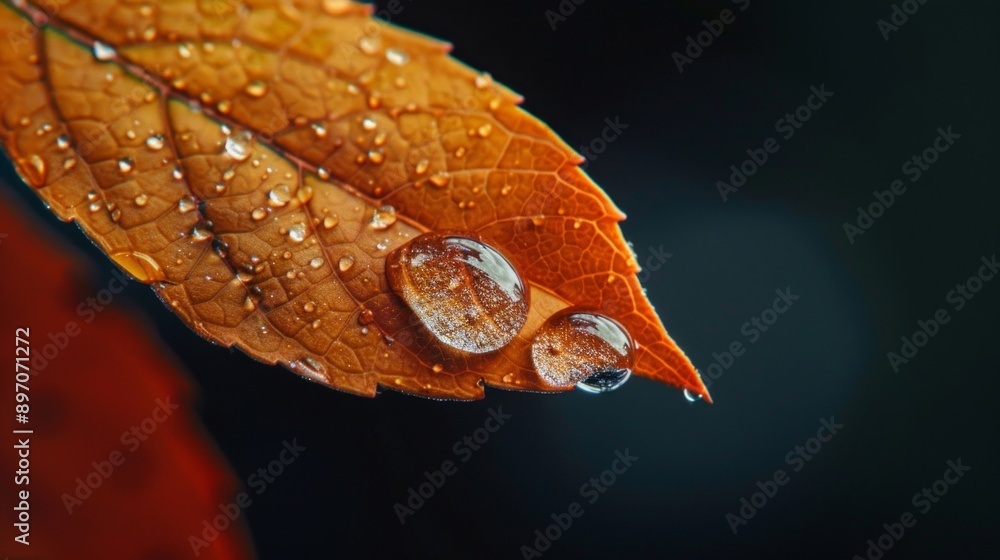 Obraz premium Macro shot of an autumn leaf with water droplets. Focus on details and textures. Ideal for nature photography and seasonal backgrounds. Beautiful fall colors against a blurred background. AI