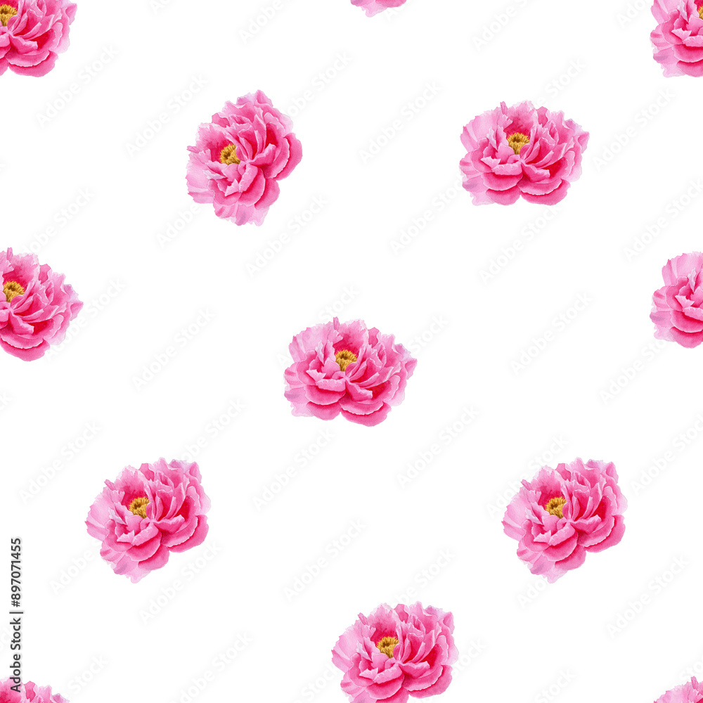 Seamless pattern with pink peonies. Watercolor illustration on white background. For wrapping paper, textile, packaging, design, fabric Seamless pattern with pink peonies. Watercolor illustration on white background. For wrapping paper, textile, packaging, design, fabric