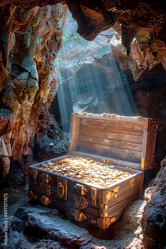 Sunlit treasure chest with gleaming gold coins on the ocean floor, illuminated by sunlight photo