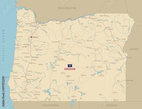 Road map of Oregon, US American federal state. Editable highly detailed transportation map of Oregon with highways and interstate roads, rivers and cities realistic vector illustration