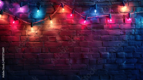 Multicolored String Lights Illuminating a Brick Wall