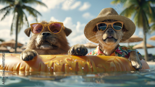 Two adorable dogs lounging on an inflatable pool float wearing sunglasses and a hat, enjoying a sunny day at the beach.