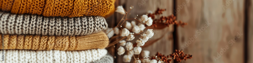 Cozy Autumn Sweater Stack with Earthy Tones and Natural Accents Cozy Autumn Sweater Stack with Earthy Tones and Natural Accents