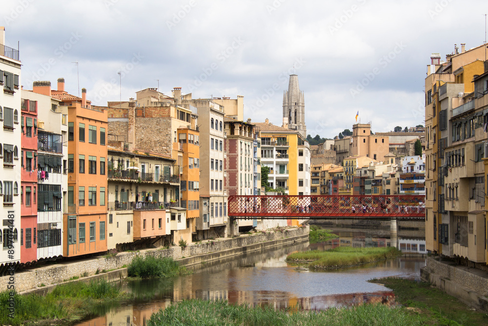 Fototapeta premium View of the old town, river and basilica on a summer day. Gerona. Spain.