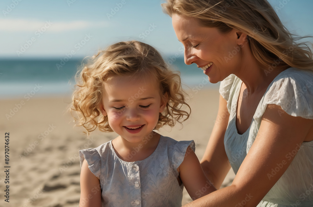 Smiling Blond Mother and Daughter Enjoying a Sunny Day at the Beach Together Smiling Blond Mother and Daughter Enjoying a Sunny Day at the Beach Together