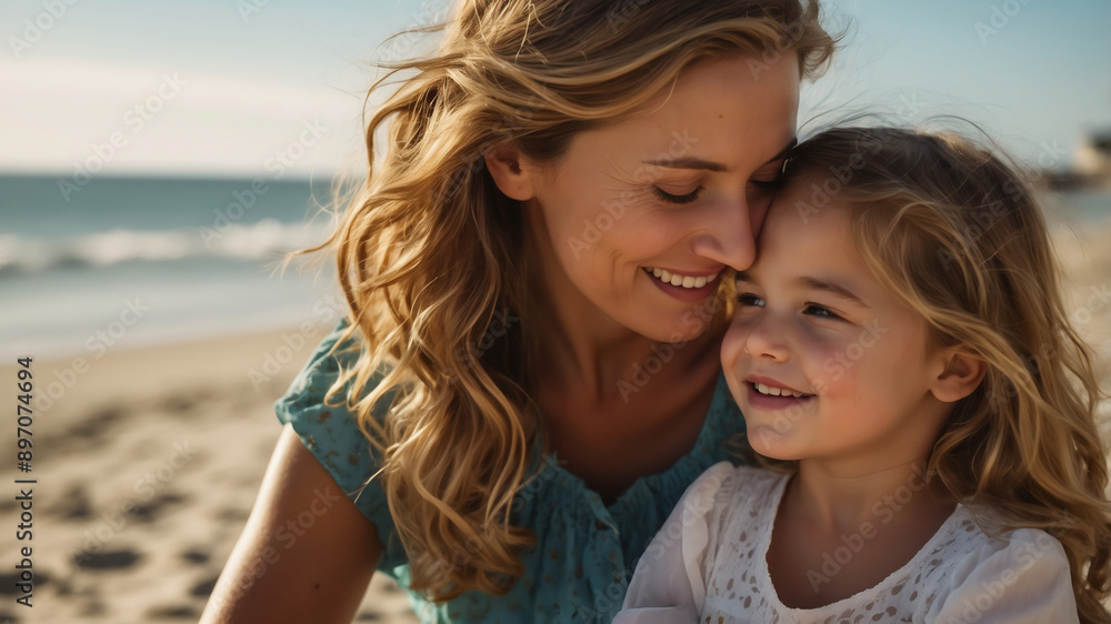 Blond Mother and Daughter Sharing a Tender Moment on a Sunny Day at the Beach Blond Mother and Daughter Sharing a Tender Moment on a Sunny Day at the Beach