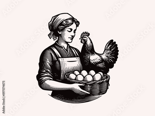 Woman farmer at a poultry farm. With eggs and chicken. Vintage engraving vector illustration, emblem, logo. Isolated object	