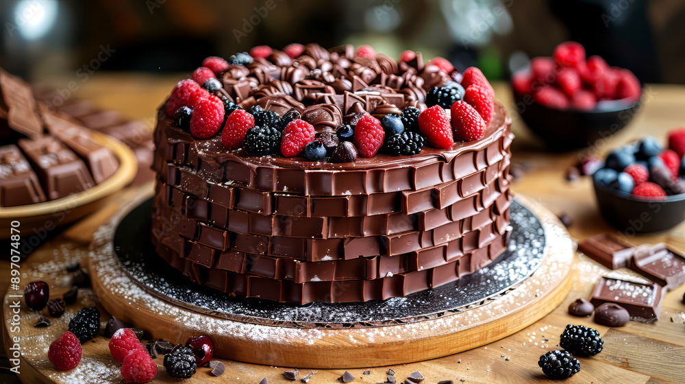Chocolate cake with berry on a wooden table. Chocolate cake with berry on a wooden table.