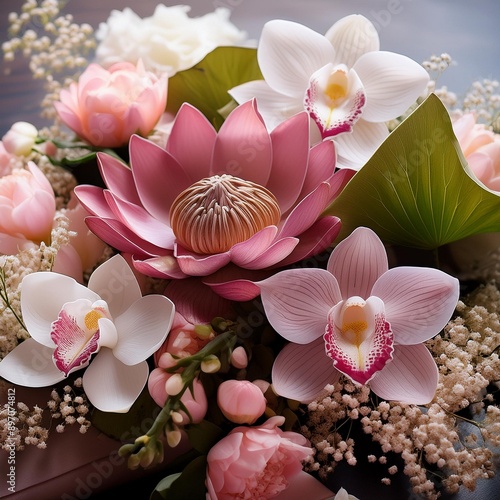 A Japanese flower arrangement using Lotus Blossom, Cherry Blossom, Orchid, and Baby’s Breath
