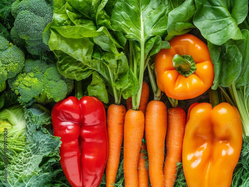 A vibrant background featuring fresh, colorful vegetables like carrots, bell peppers, and spinach, highlighting their natural beauty A vibrant background featuring fresh, colorful vegetables like carrots, bell peppers, and spinach, highlighting their natural beauty