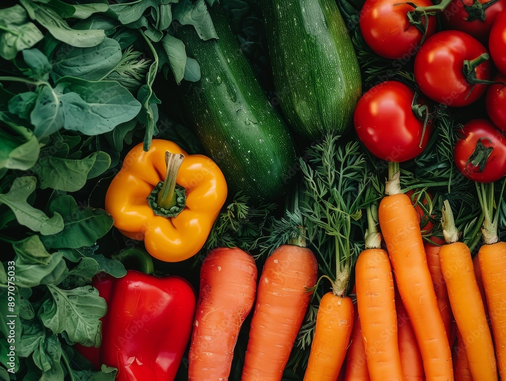 A vibrant background featuring fresh, colorful vegetables like carrots, bell peppers, and spinach, highlighting their natural beauty A vibrant background featuring fresh, colorful vegetables like carrots, bell peppers, and spinach, highlighting their natural beauty