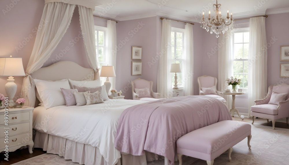 Romantic bedroom featuring a touch of lilac as the accent color, with sheer curtains billowing softly in the breeze Romantic bedroom featuring a touch of lilac as the accent color, with sheer curtains billowing softly in the breeze