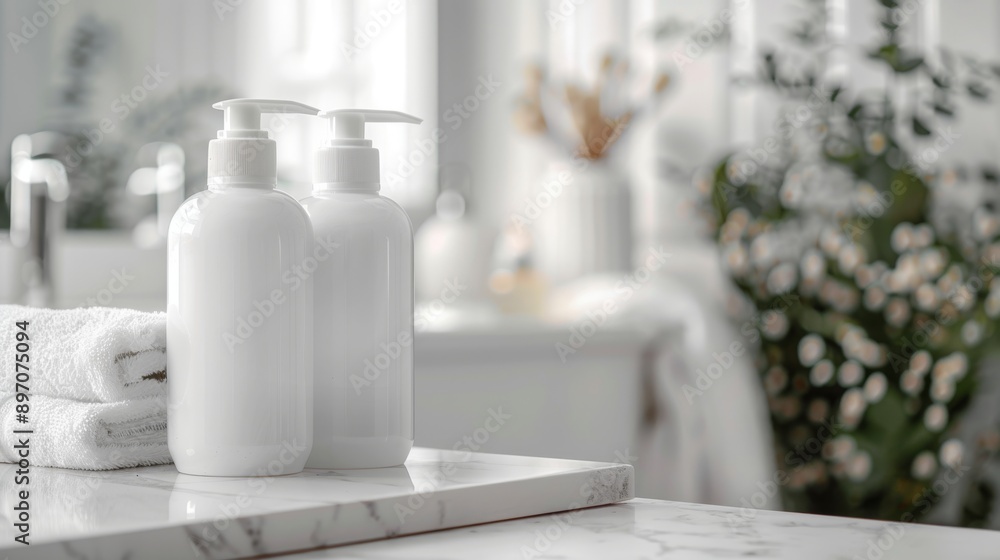 White Bottles, Towels, and Marble Countertop in a Bathroom