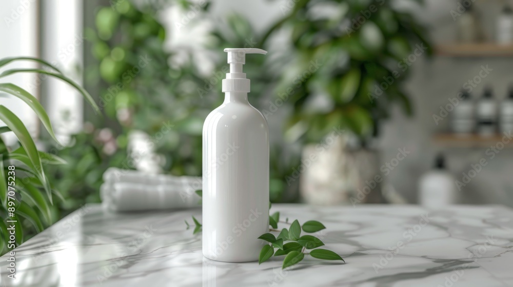 White Pump Bottle with Green Leaves on Marble Surface White Pump Bottle with Green Leaves on Marble Surface