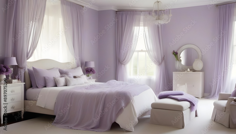Romantic bedroom featuring a touch of lilac as the accent color, with sheer curtains billowing softly in the breeze Romantic bedroom featuring a touch of lilac as the accent color, with sheer curtains billowing softly in the breeze