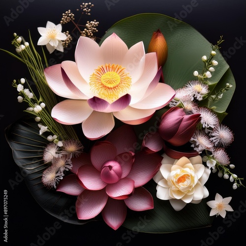 A Japanese flower arrangement using Lotus Blossom, Cherry Blossom, Orchid, and Baby’s Breath